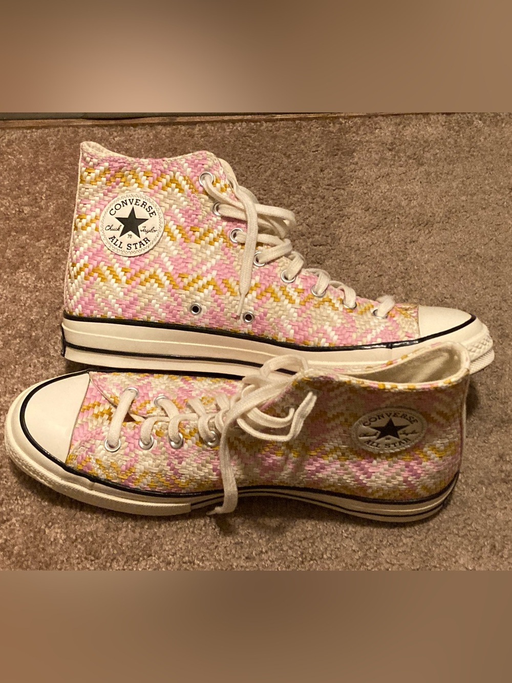 Converse High-Top Sneakers in Pink, Yellow and White Woven Pattern